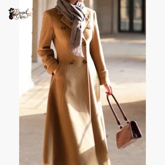 Wool Blended Long Coat Double Breasted Trench Overcoat with Pockets